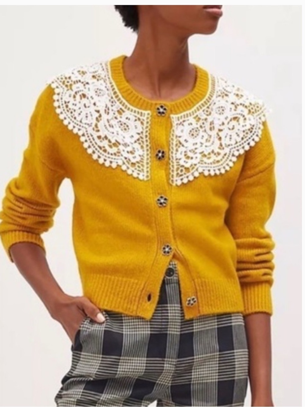 Maeve by Anthropologie Mustard Yellow Cardigan with White Crochet Collar Small